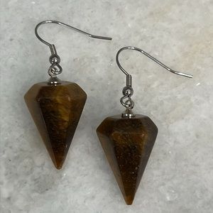South African Tiger’s Eye Hexagonal Silver Drop Earrings